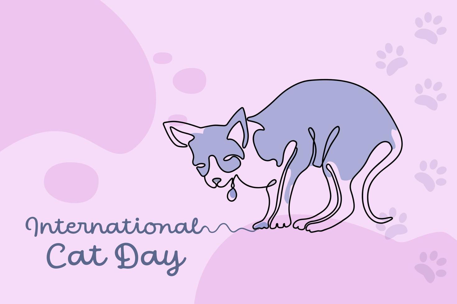 International Cat Day. Line art cat with a medallion on a colored background. Funny art with a pet. Holiday concept. Vector illustration.