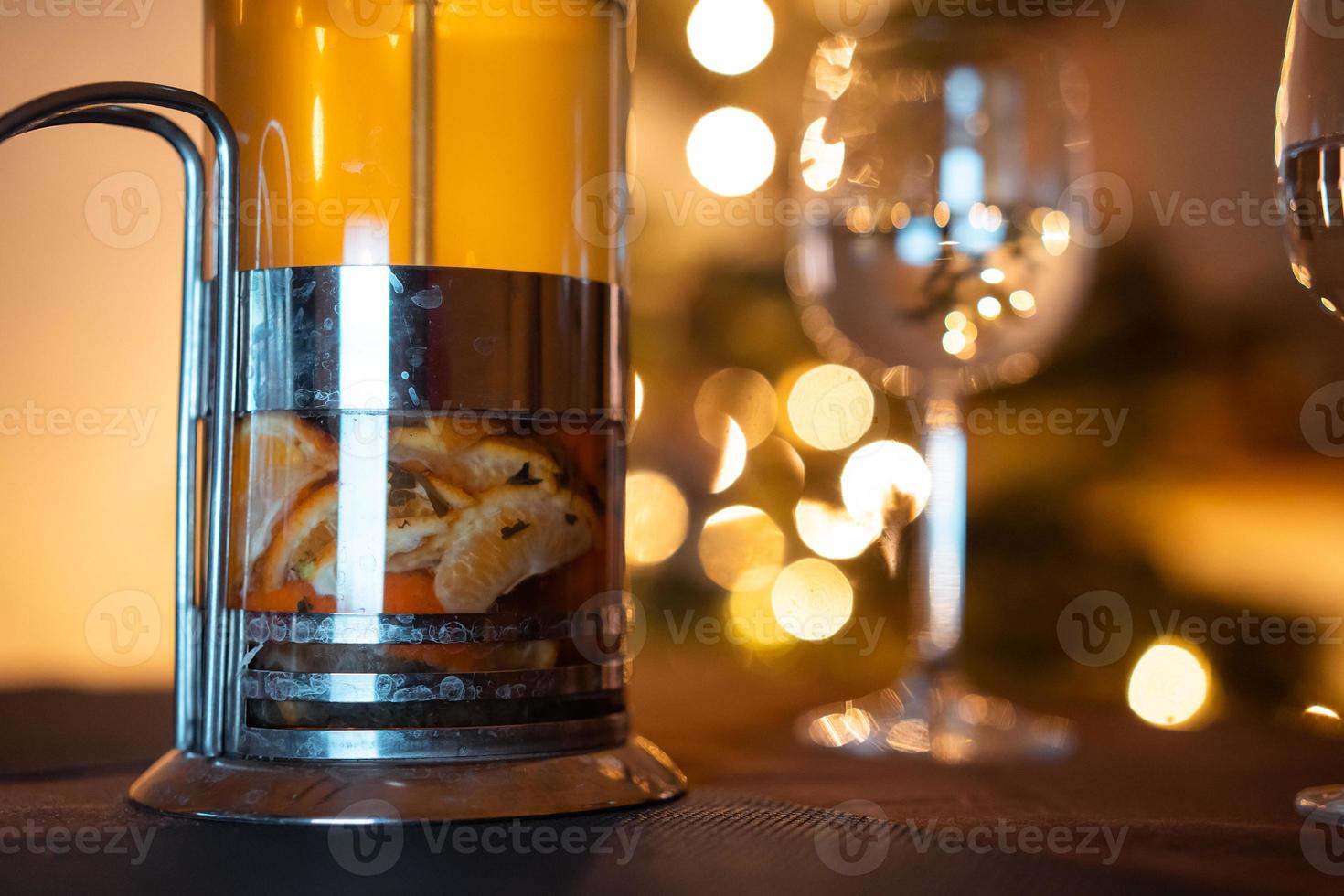 Teapot french press with green tea and glass with water 11370692 Stock