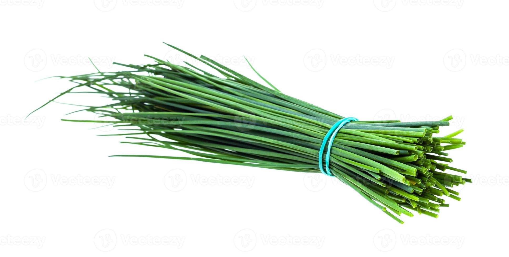 bundle of fresh leaves of Chives isolated on white photo