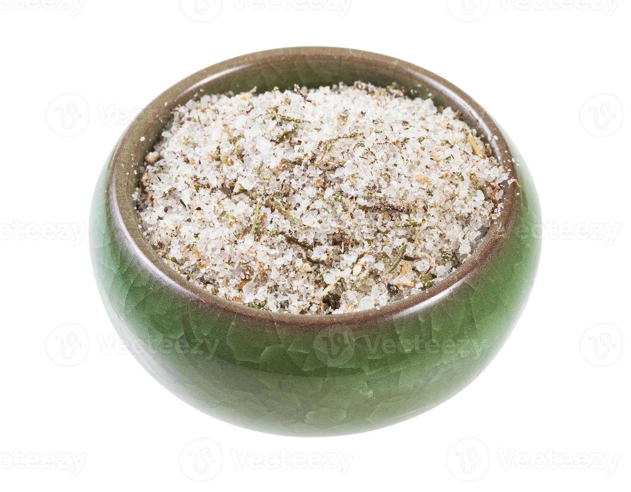 ceramic salt cellar with seasoned salt with spices photo