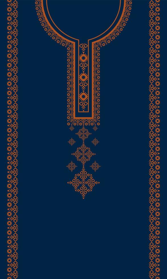 patrón de vestido de forma geométrica de bordado étnico de color azul vintage. moda de camisetas de arte tribal. adornos bordados en el cuello. vector