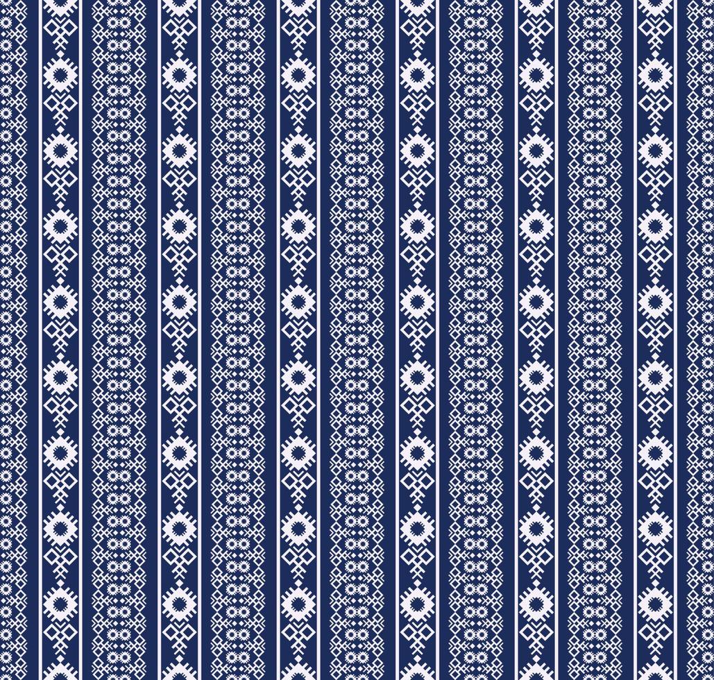 Ethnic embroidery white geometric stripes seamless pattern on blue color background. Surface pattern design. Use for fabric, textile, interior decoration elements, upholstery, wrapping. vector
