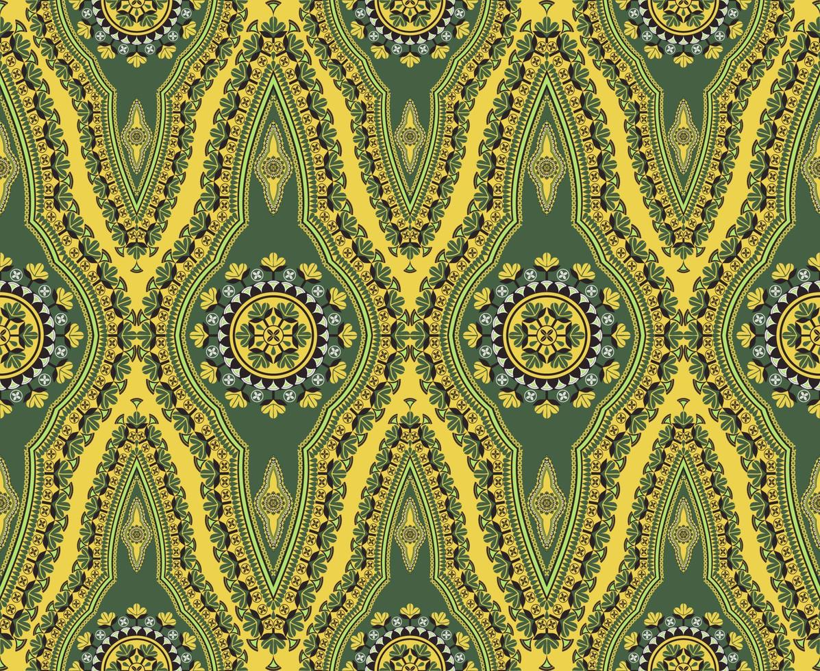 Ethnic west African dashiki colorful green abstract floral shape seamless pattern on yellow background. Use for fabric, textile, interior decoration elements, upholstery, wrapping. vector