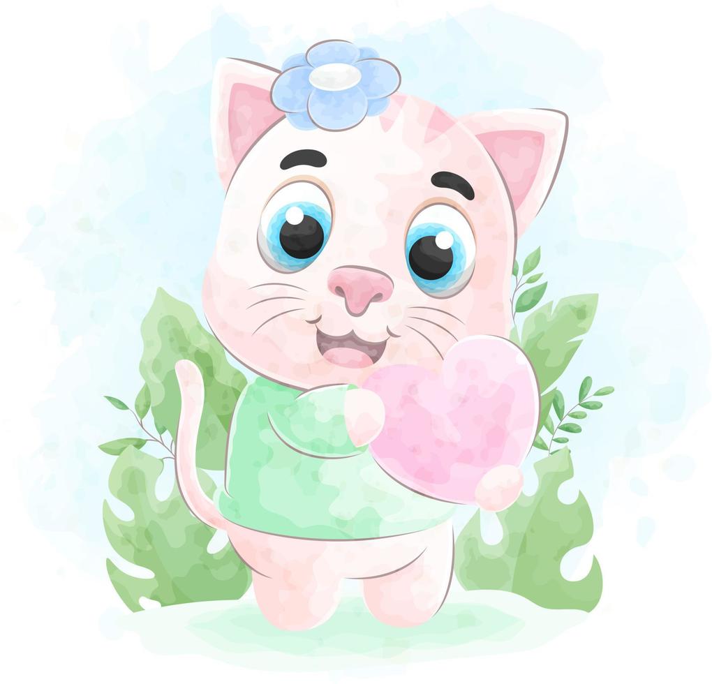 Cute doodle a cat with watercolor illustration vector