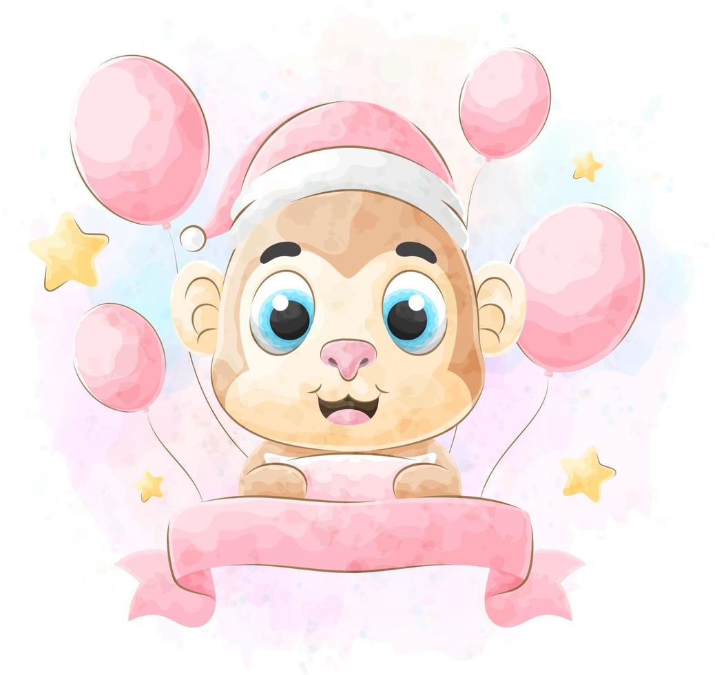 Cute doodle a Monkey with watercolor illustration vector