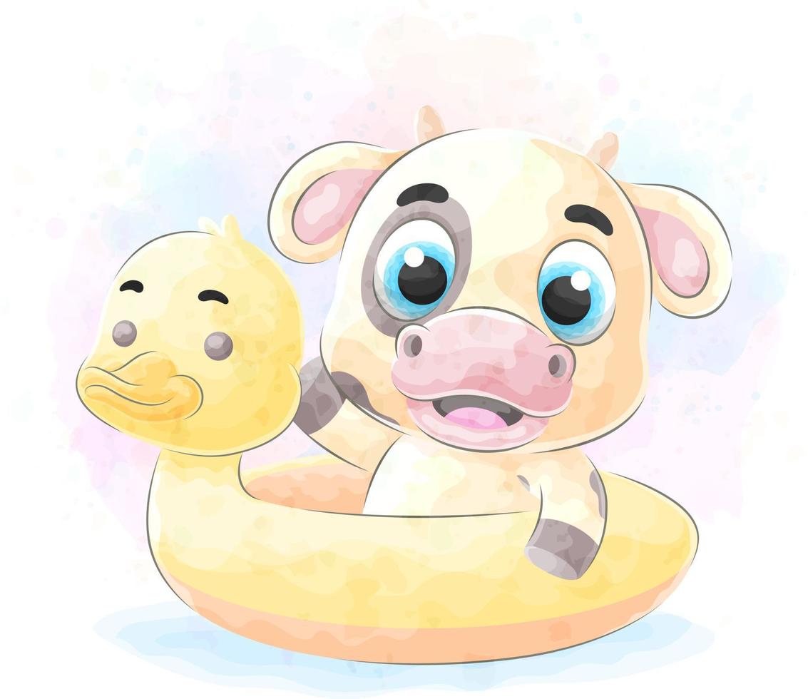 Cute doodle a cow is swimming with watercolor illustration vector