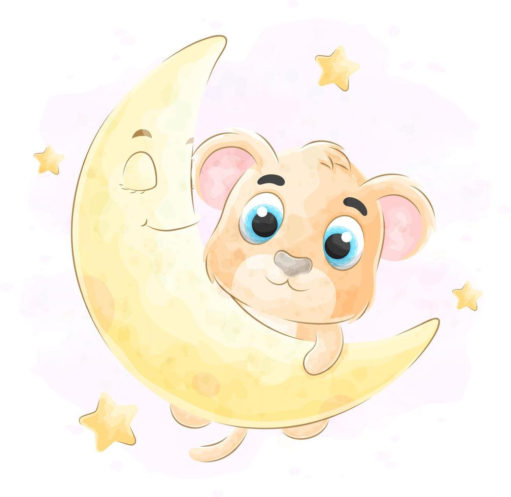 Cute doodle lion and moon cub with watercolor illustration vector