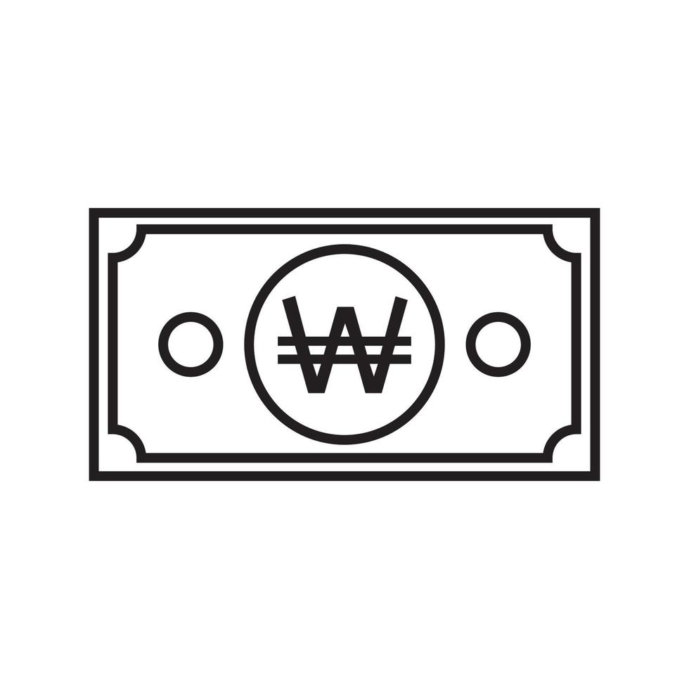 Korean won currency symbol banknote outline icon. vector