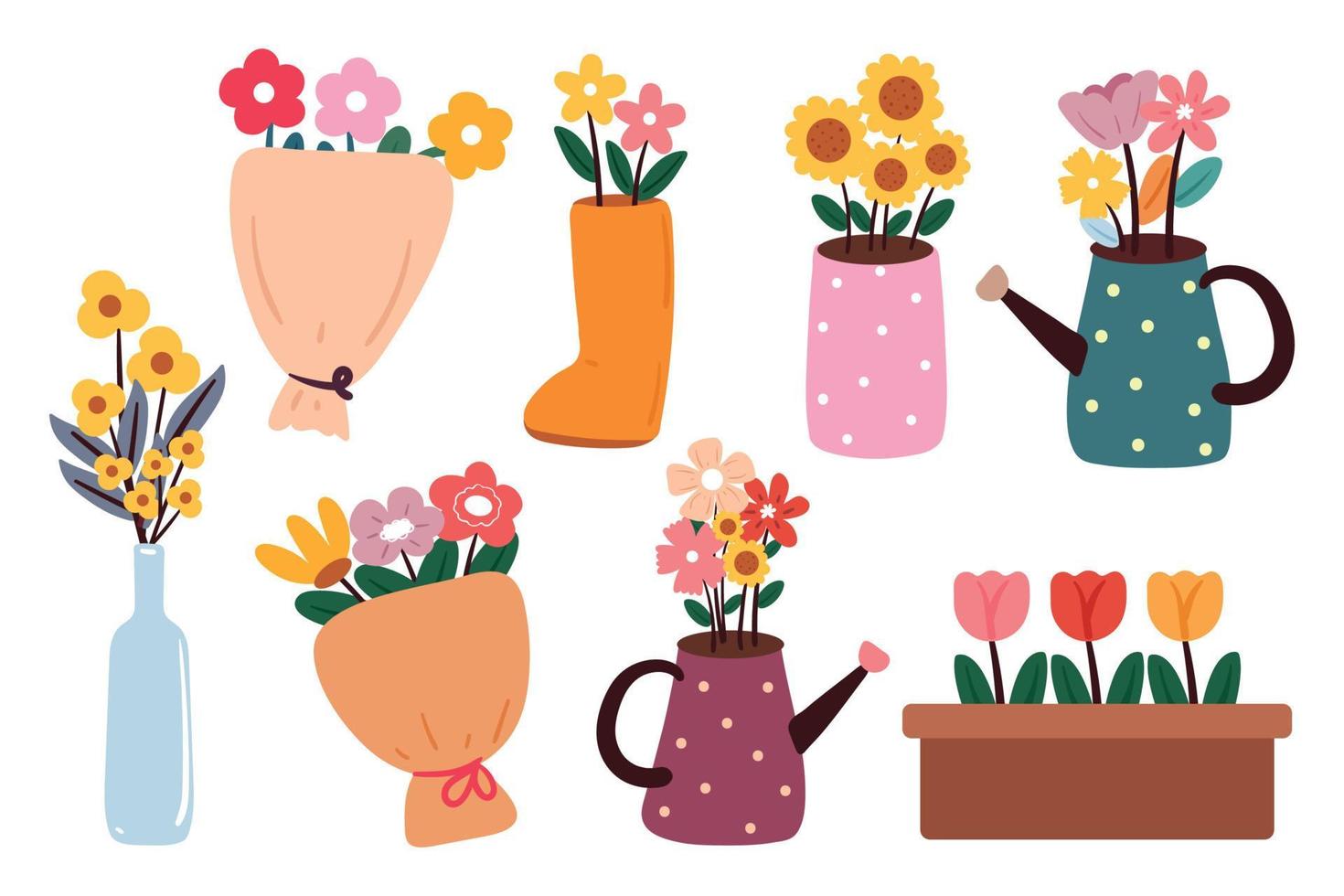 conjunto de pegatinas de flores de dibujos animados de dibujo a mano vector