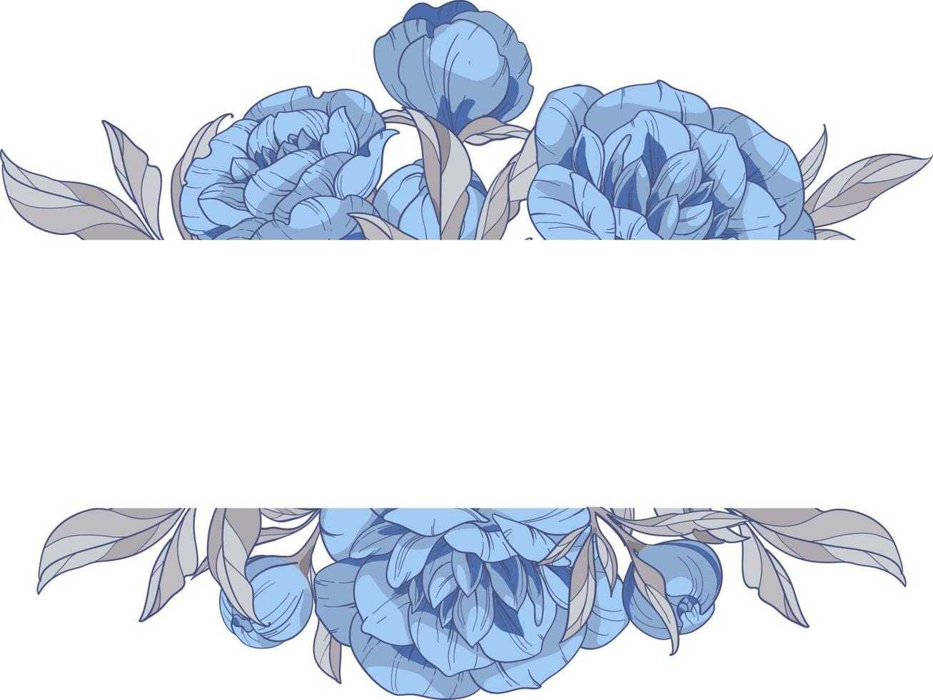 frame with blue peonies flowers, Hand drawn vector illustration