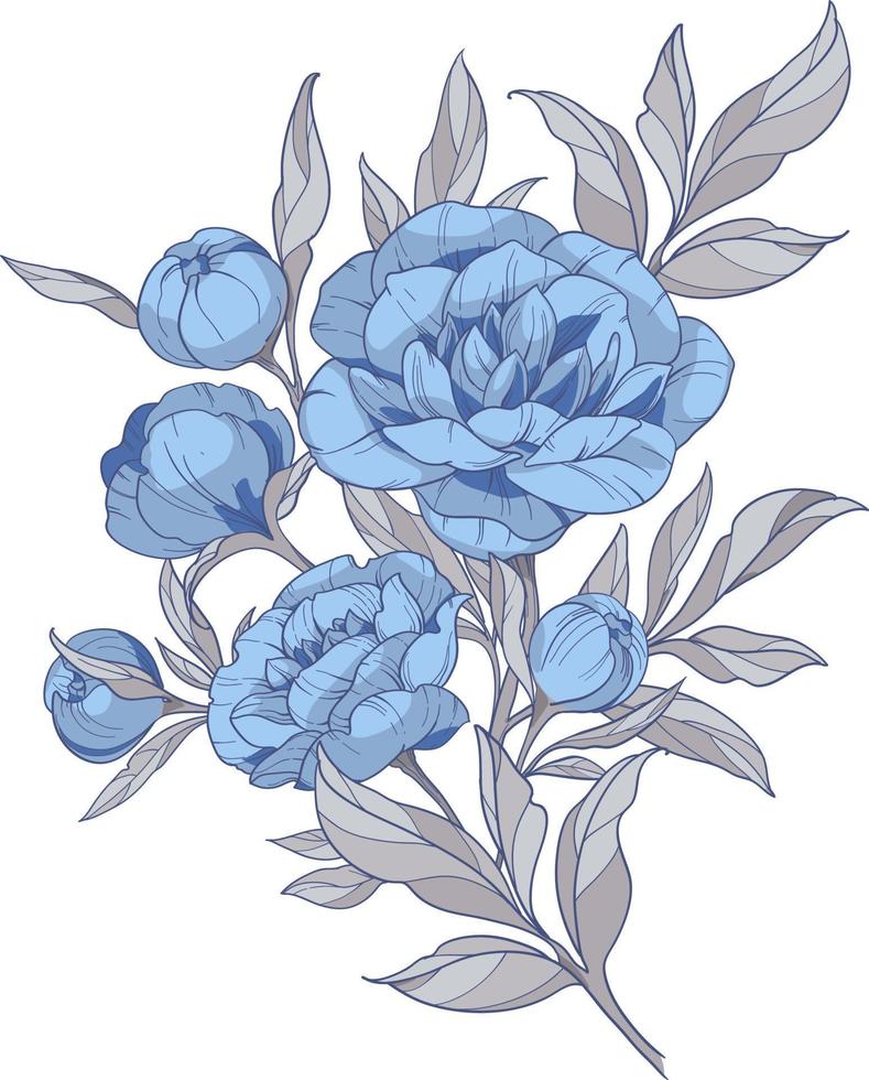 Bouquet of blue peonies with gray leaves, vector illustration