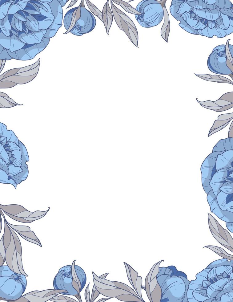 marco cuadrado con flores de peonías azules, ilustración vectorial dibujada a mano. vector
