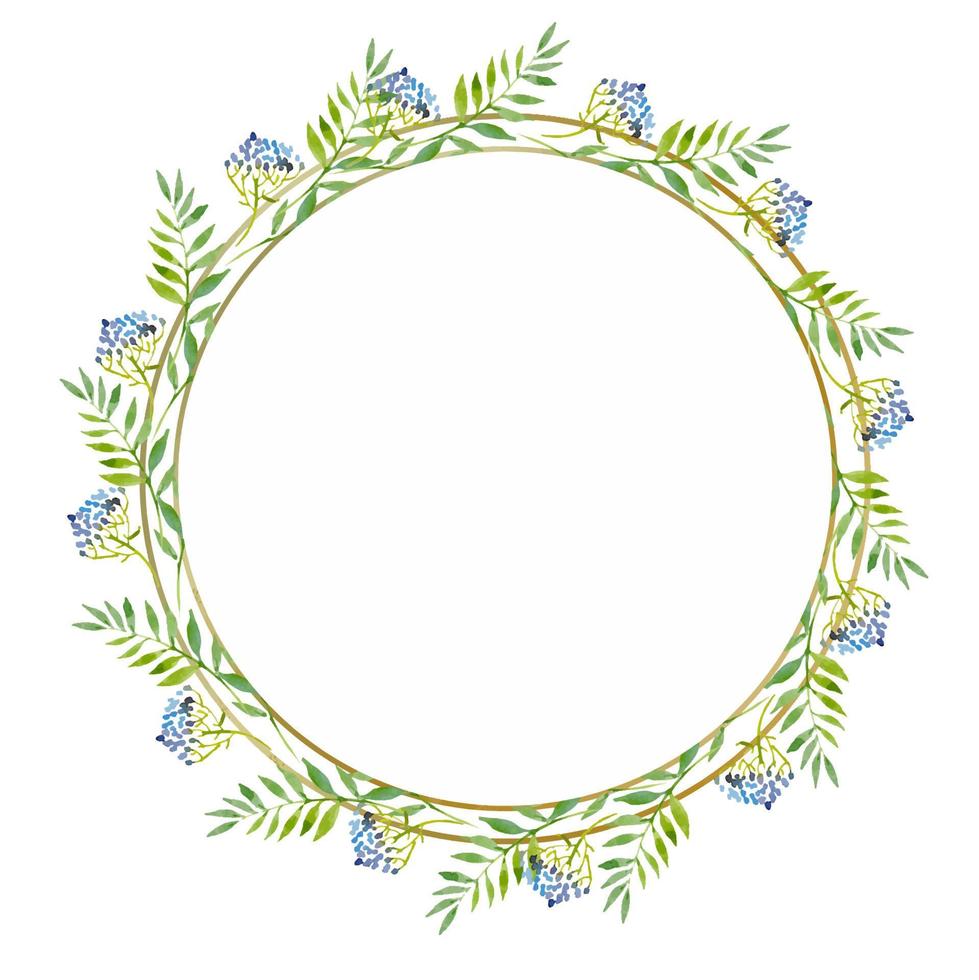 Watercolor illustration of wreath with green leaves in a gold round frame vector