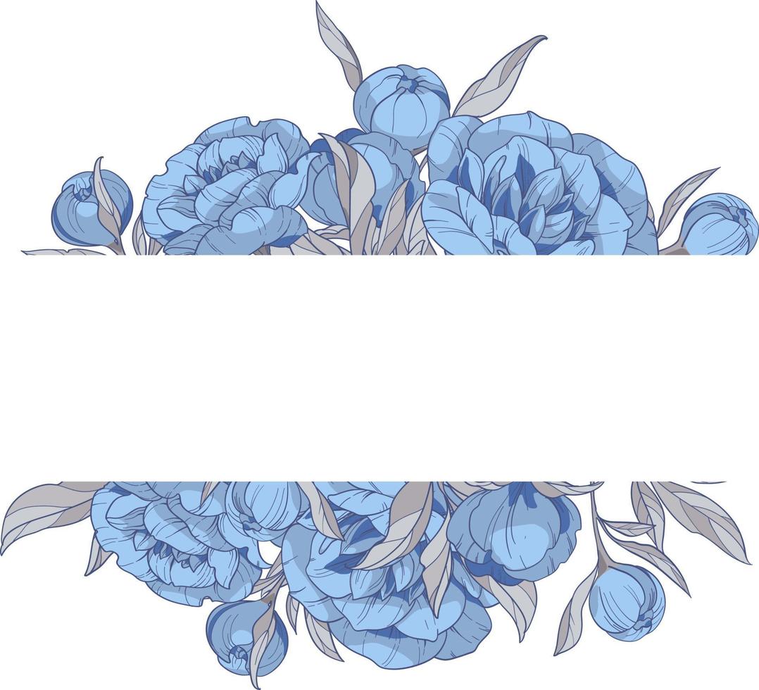 frame with blue peonies flowers, Hand drawn vector illustration
