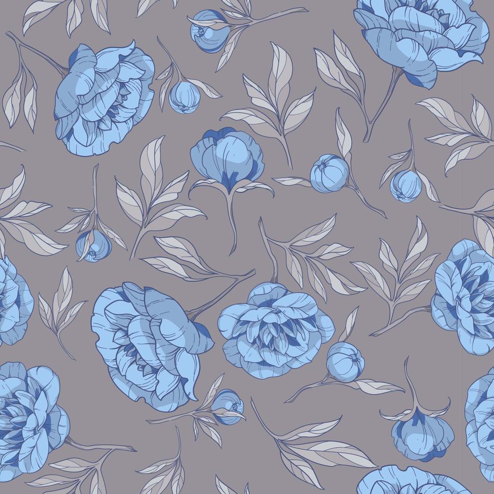 seamless pattern with flowers of blue peonies, with gray leaves on a dark gray background. vector illustration