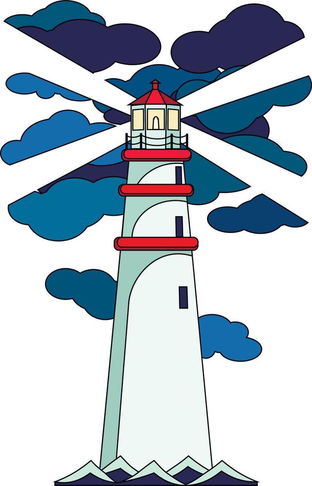 el faro brilla a través de las nubes, ilustración vectorial aislada en fondo blanco. faro en el océano o el mar vector