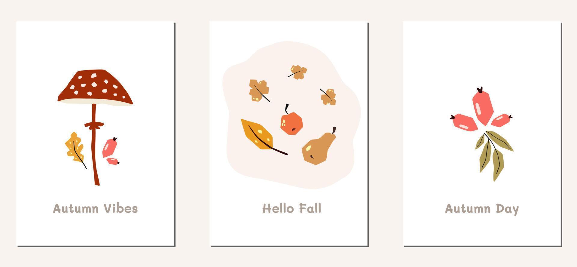 Autumn mood greeting card poster template. Welcome fall season thanksgiving invitation. Minimalist postcard nature leaves, trees, pumpkins, abstract shapes. Vector illustration in flat cartoon style