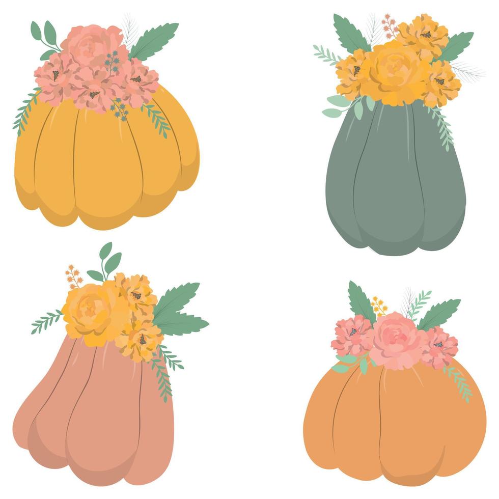 Set of pumpkins with flowers vector