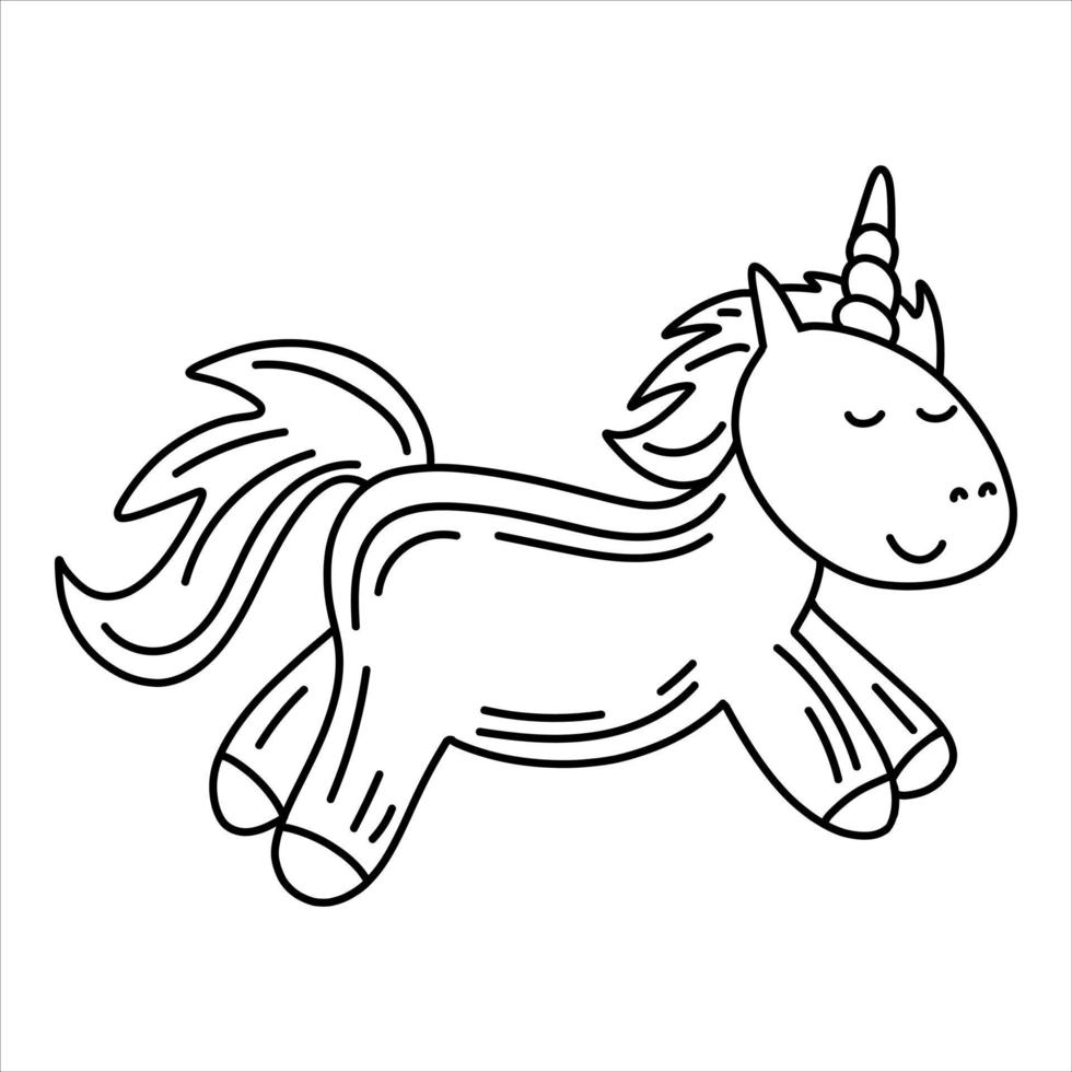 Cute unicorn in hand drawn doodle style. Adorable magic animal sketch. Isolated on white background vector illustration.