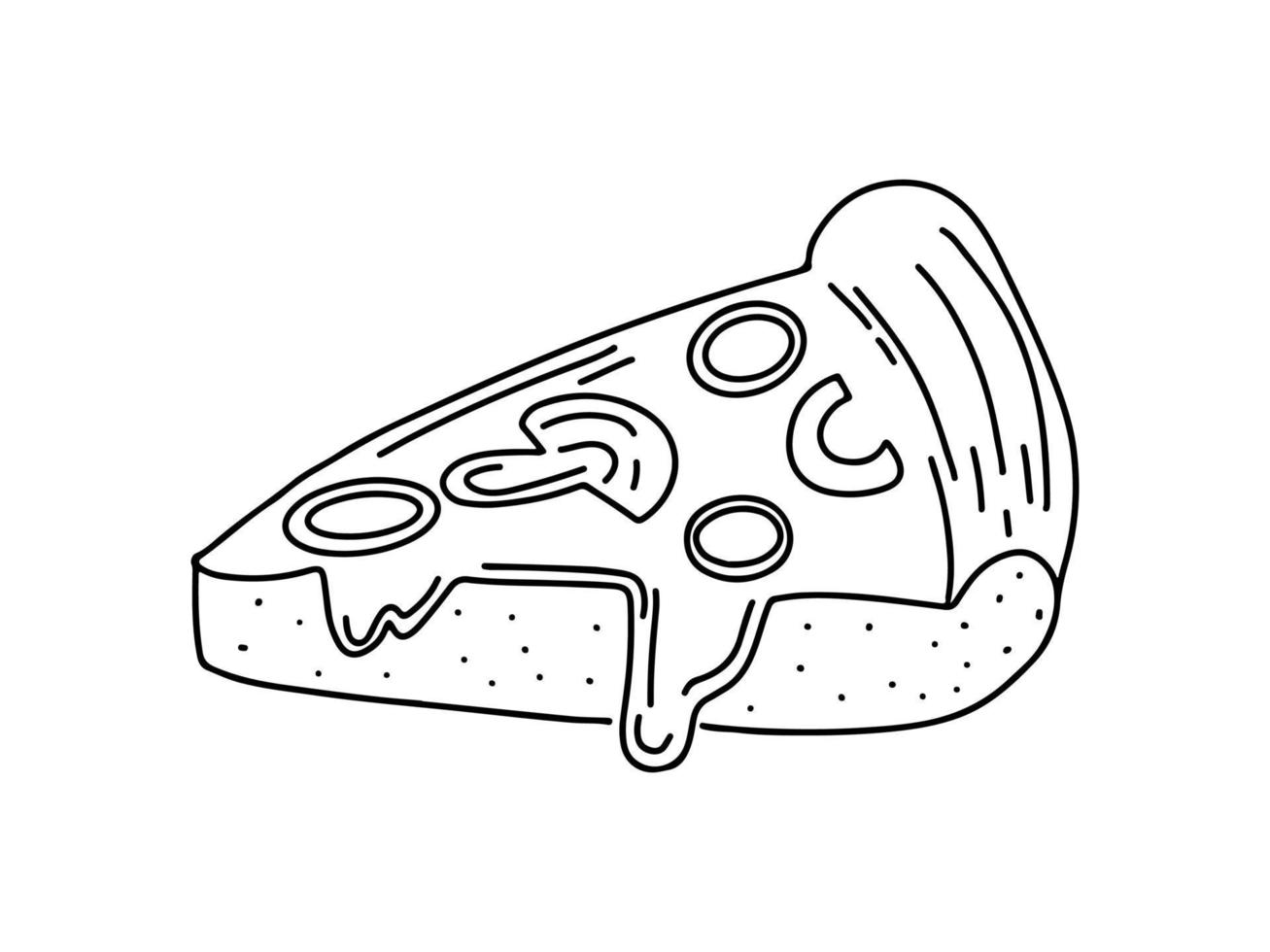 Pizza slice with mushroom and melted cheese in Hand drawn doodle. Sketch. Decoration for greeting cards, posters. vector