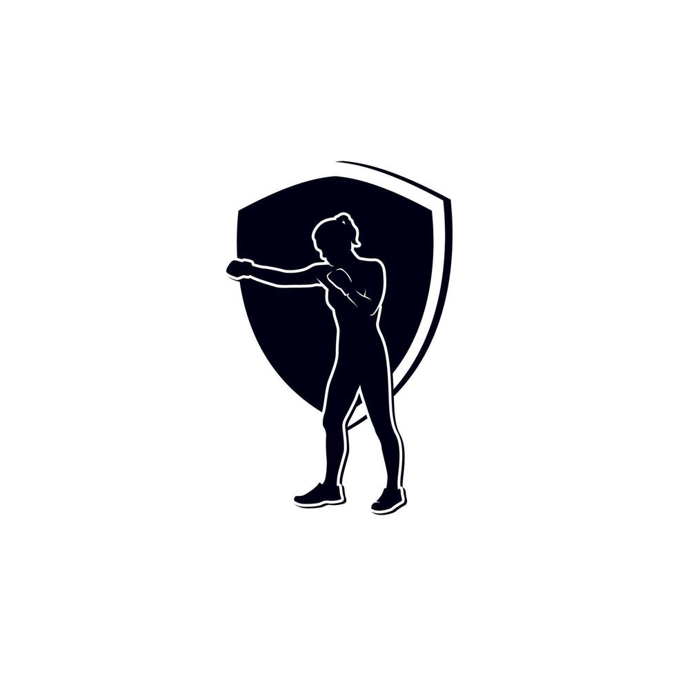 Boxing girl silhouette in fighting logo design vector