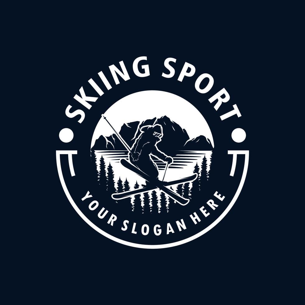 un hombre jugando al esquí en el diseño del logo de la montaña vector