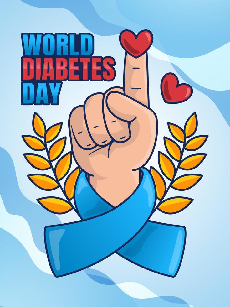 concepto del día mundial de la diabetes mano y gota de sangre y cinta azul vector