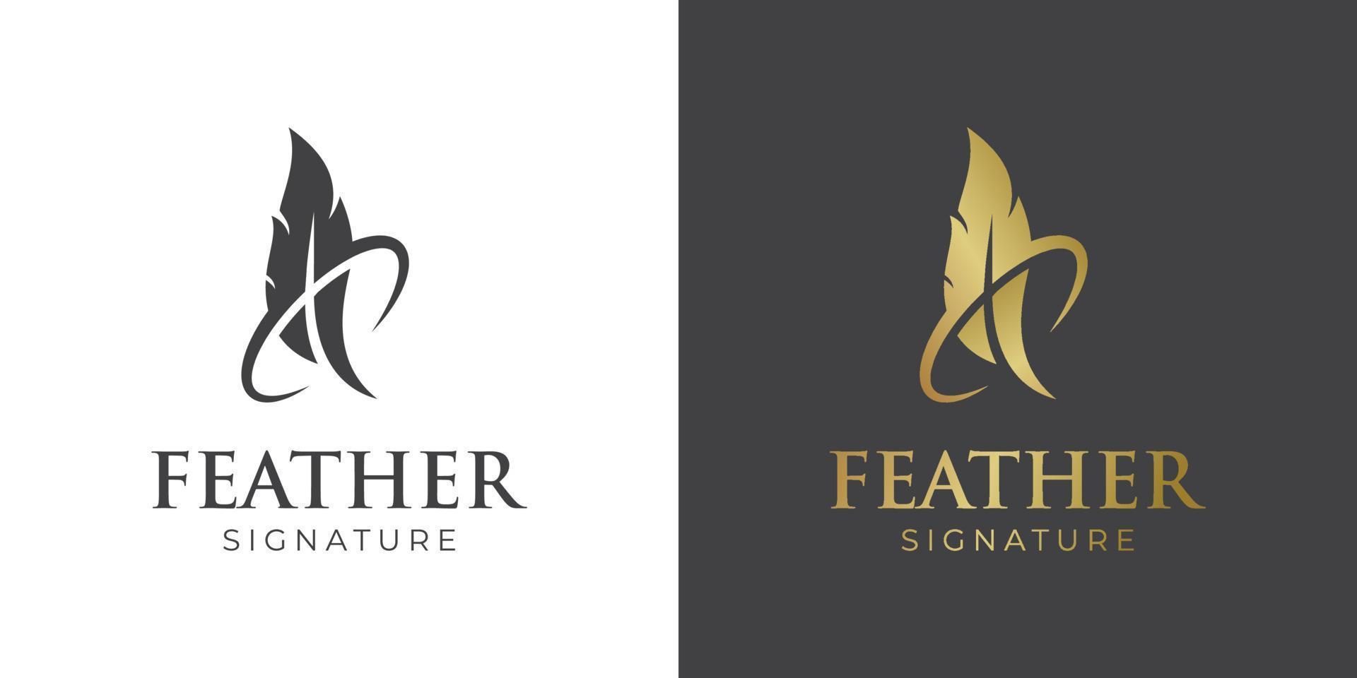 golden quill signature logo design. simple feather ink logo template for notary, signature, nature icon symbol vector