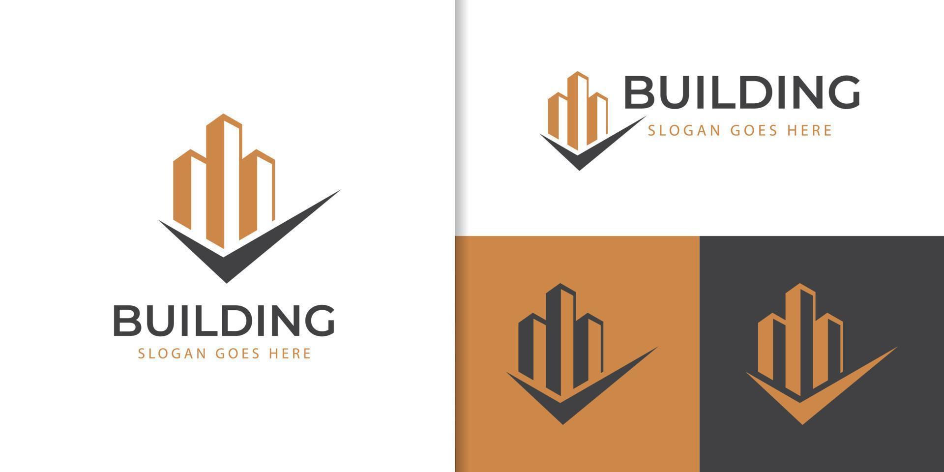 building city real estate logo element, realty property investment logo design with check icon for hotel, business invest vector