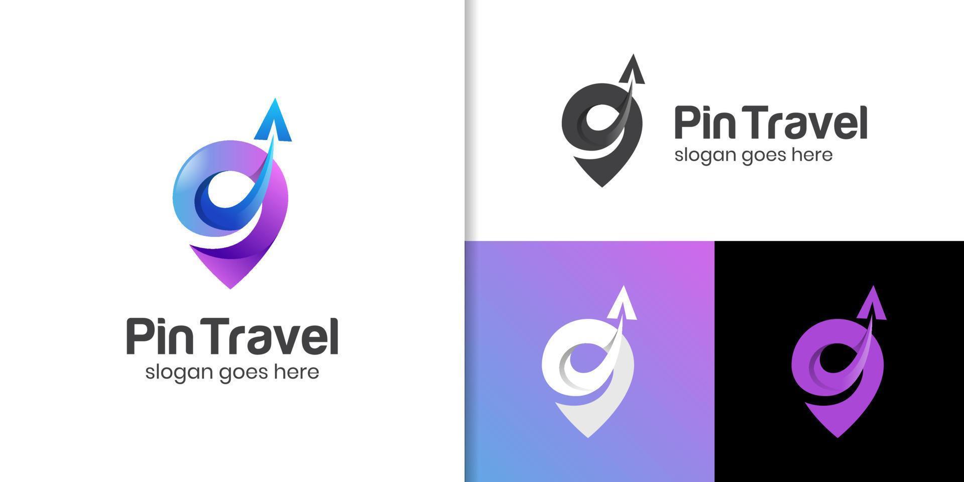 logotipo de viajes aéreos del mapa pin. ubicación en el mapa viajero con símbolo de icono de vector de logotipo de avión