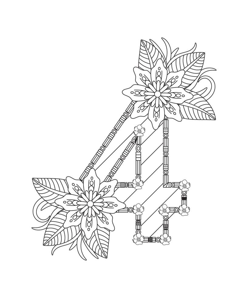 Number coloring page with floral style. 123 coloring page - number 4 Free Vector