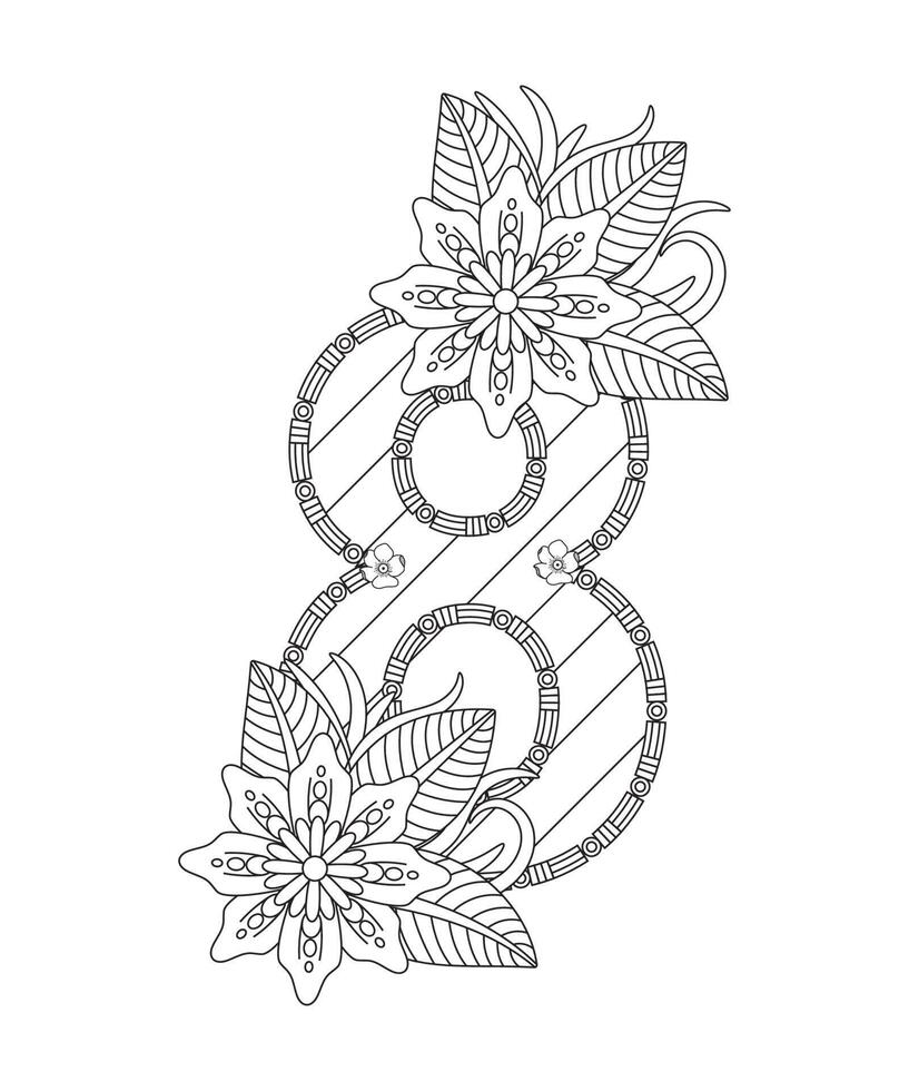 Number coloring page with floral style. 123 coloring page - number 8 Free Vector