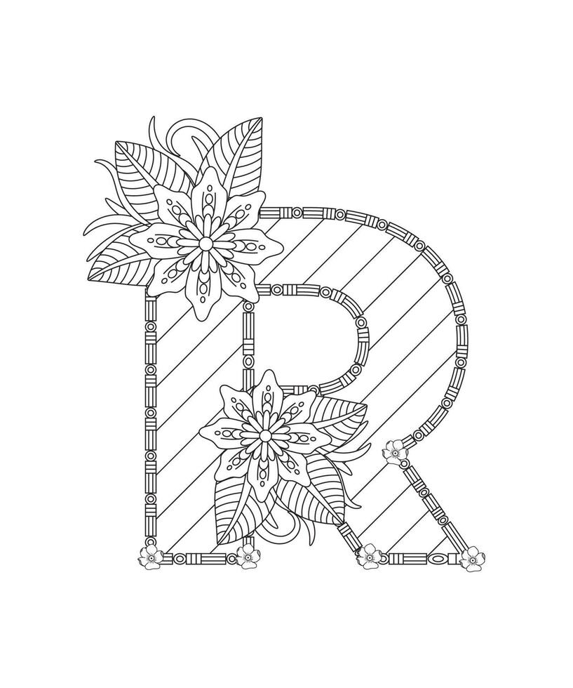 Alphabet coloring page with floral style. ABC coloring page - letter R Free Vector