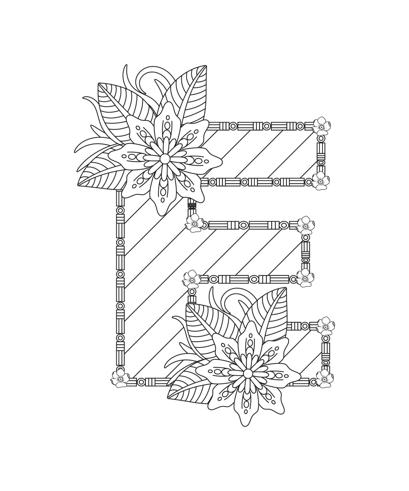 Alphabet coloring page with floral style. ABC coloring page letter E