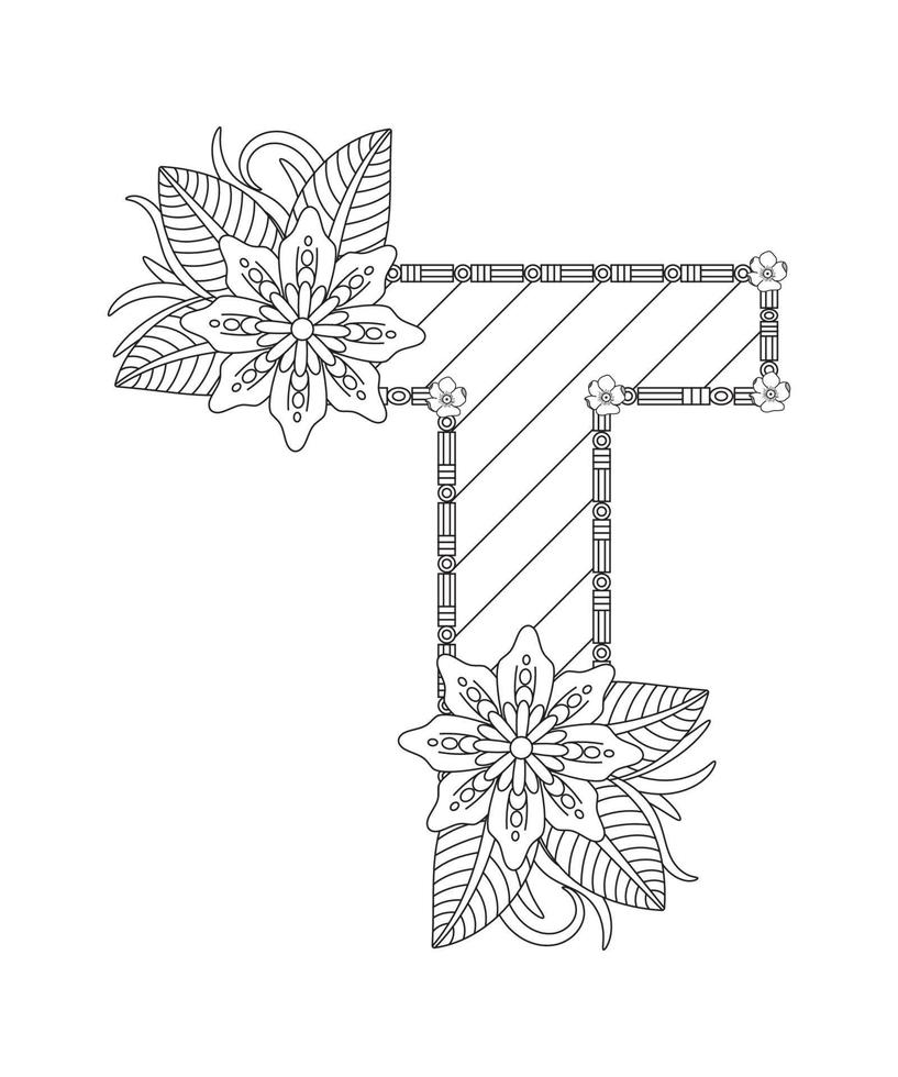 página de coloreado del alfabeto con estilo floral. abc página para colorear - letra t vector libre