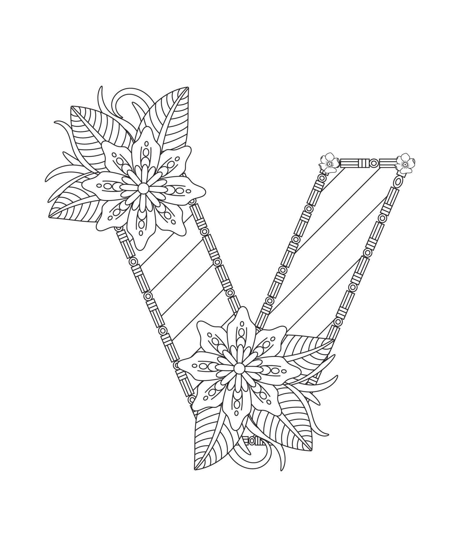 Alphabet coloring page with floral style. ABC coloring page - letter V