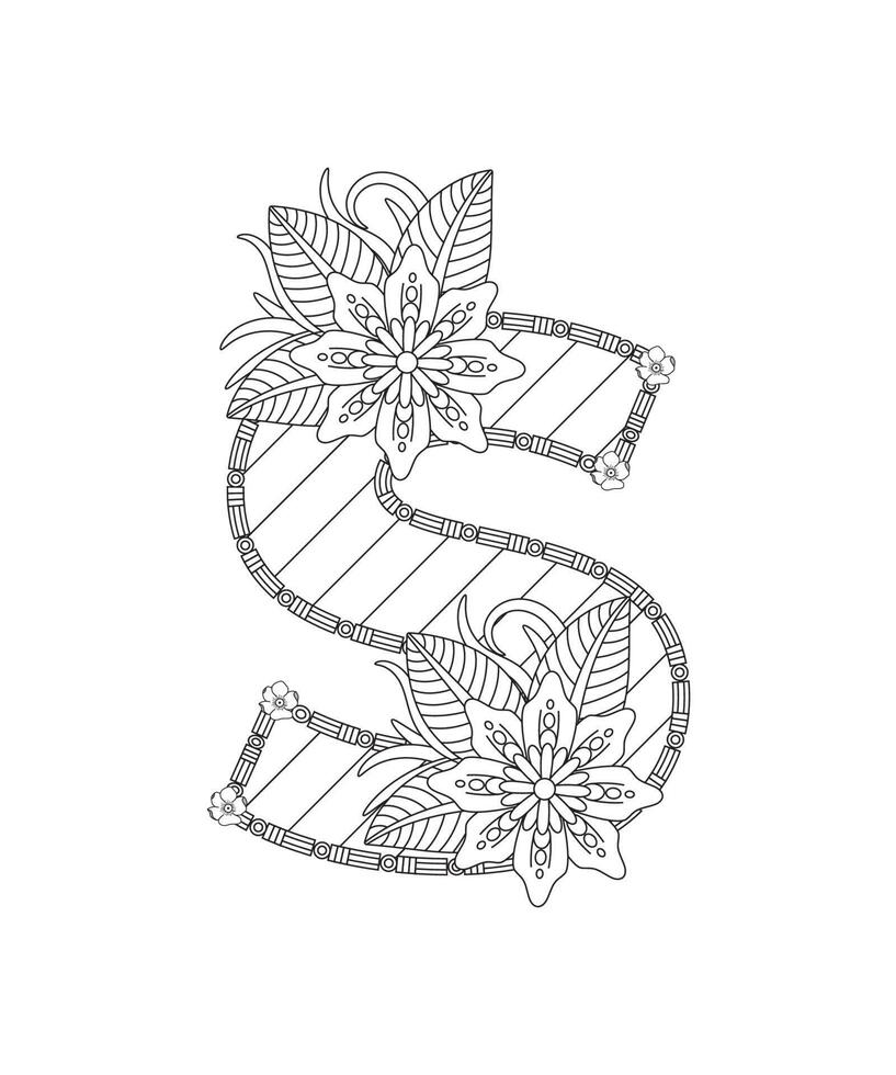 Alphabet coloring page with floral style. ABC coloring page letter S