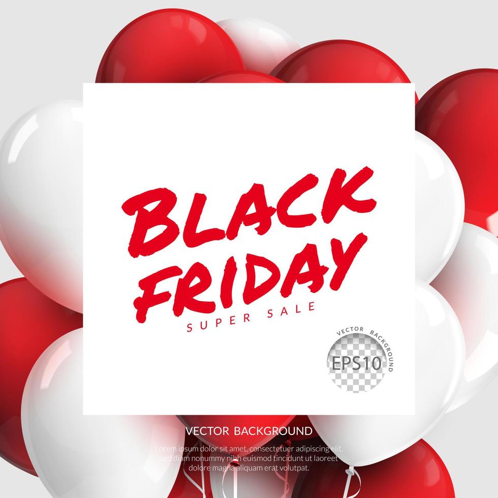 Black Friday messaging on white background with red and white balloons, 3d realistic vector illustration