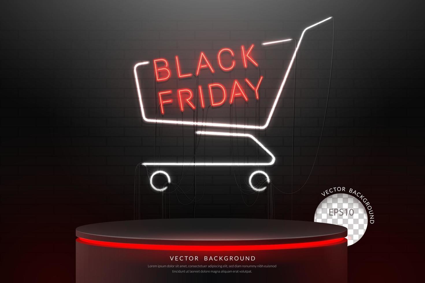 Black Friday Sale podium. neon shopping cart sign on brickwall texture. Vector illustration