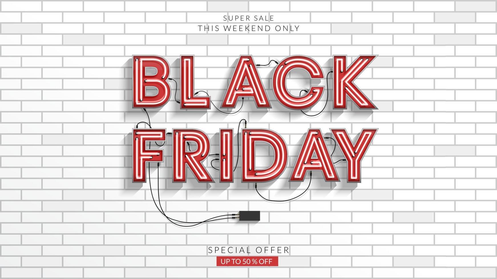 Black Friday sale. Red neon light on white brick wall. Vector Illustration.