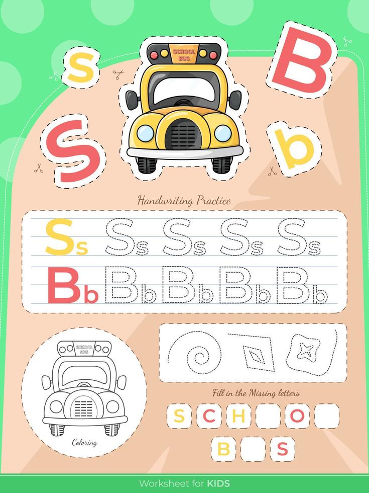 The education worksheet for kids with a school bus and letters vector