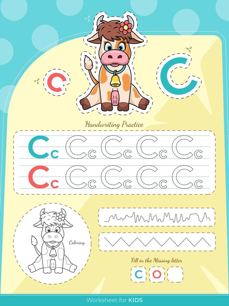 The education worksheet for kids with a cow and letters vector