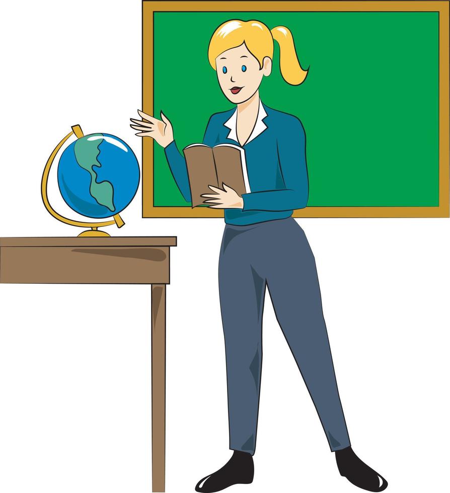 young teacher with book, globe and blackboard vector