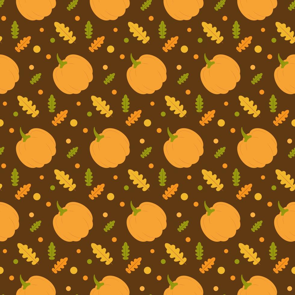 Seamless pattern with pumpkins and autumn leaves on dark brown background. Perfect for Halloween cards, banners, fabric, invitations, posters, printing vector