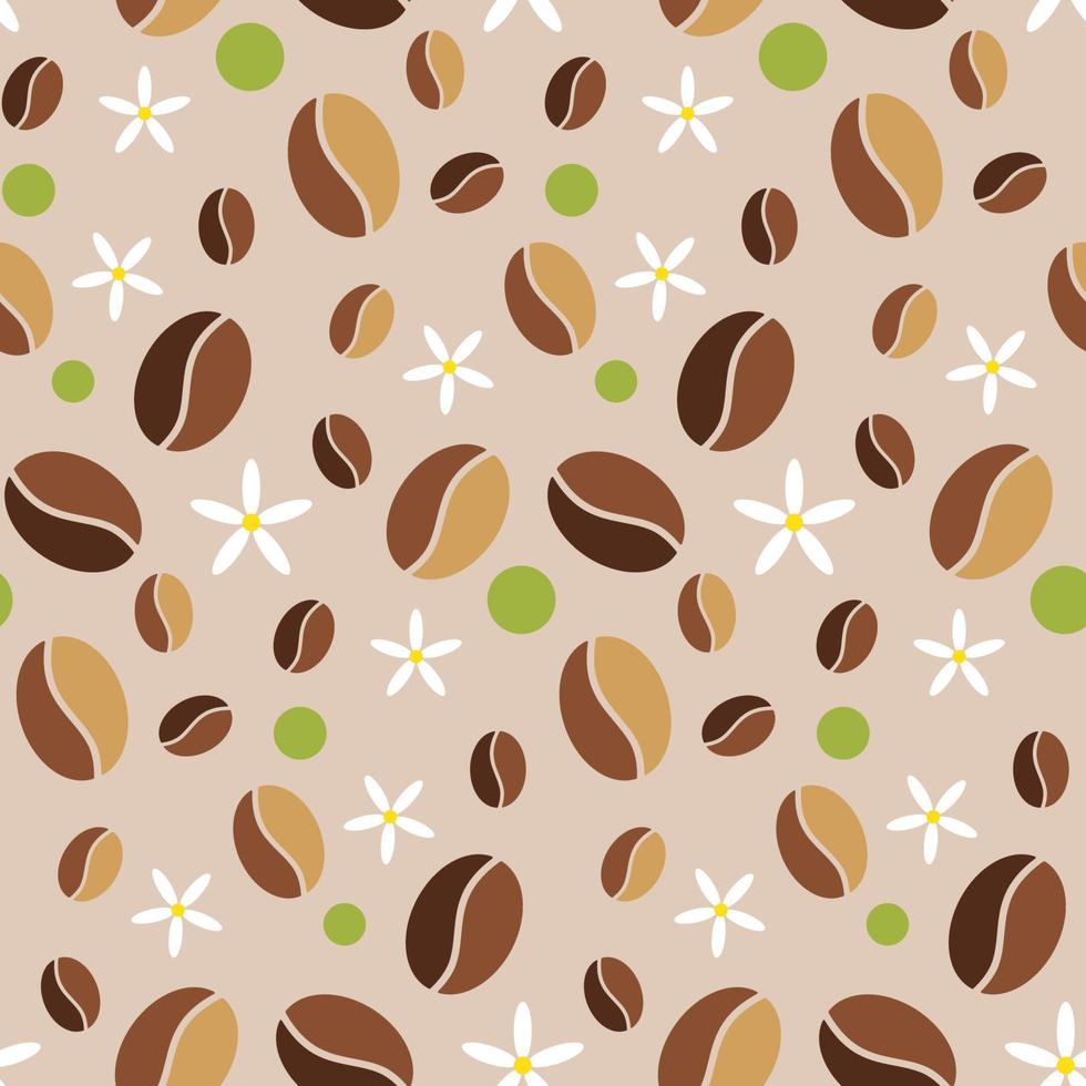 Seamless coffee beans pattern on beige with vanilla flowers and green circles. Retro background for digital paper, textile, banners vector