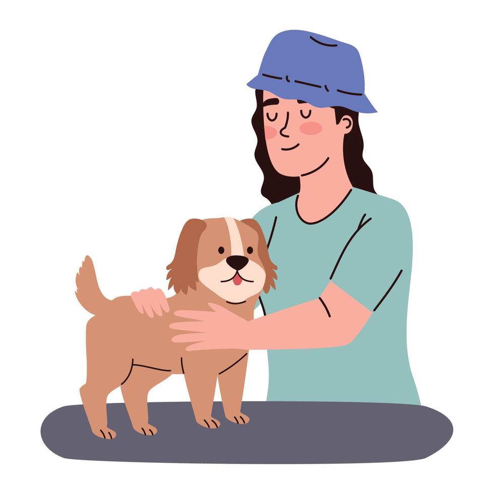 niña acariciando perro mascota vector