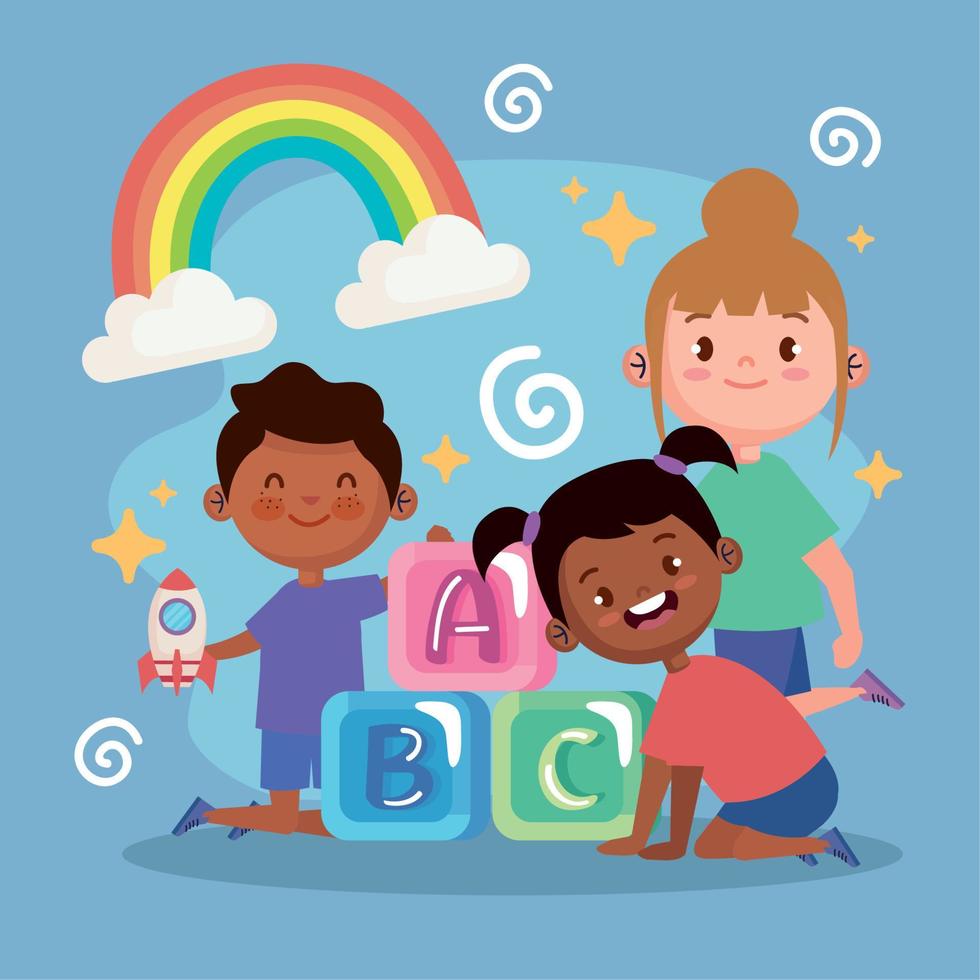 three kids with rainbow vector