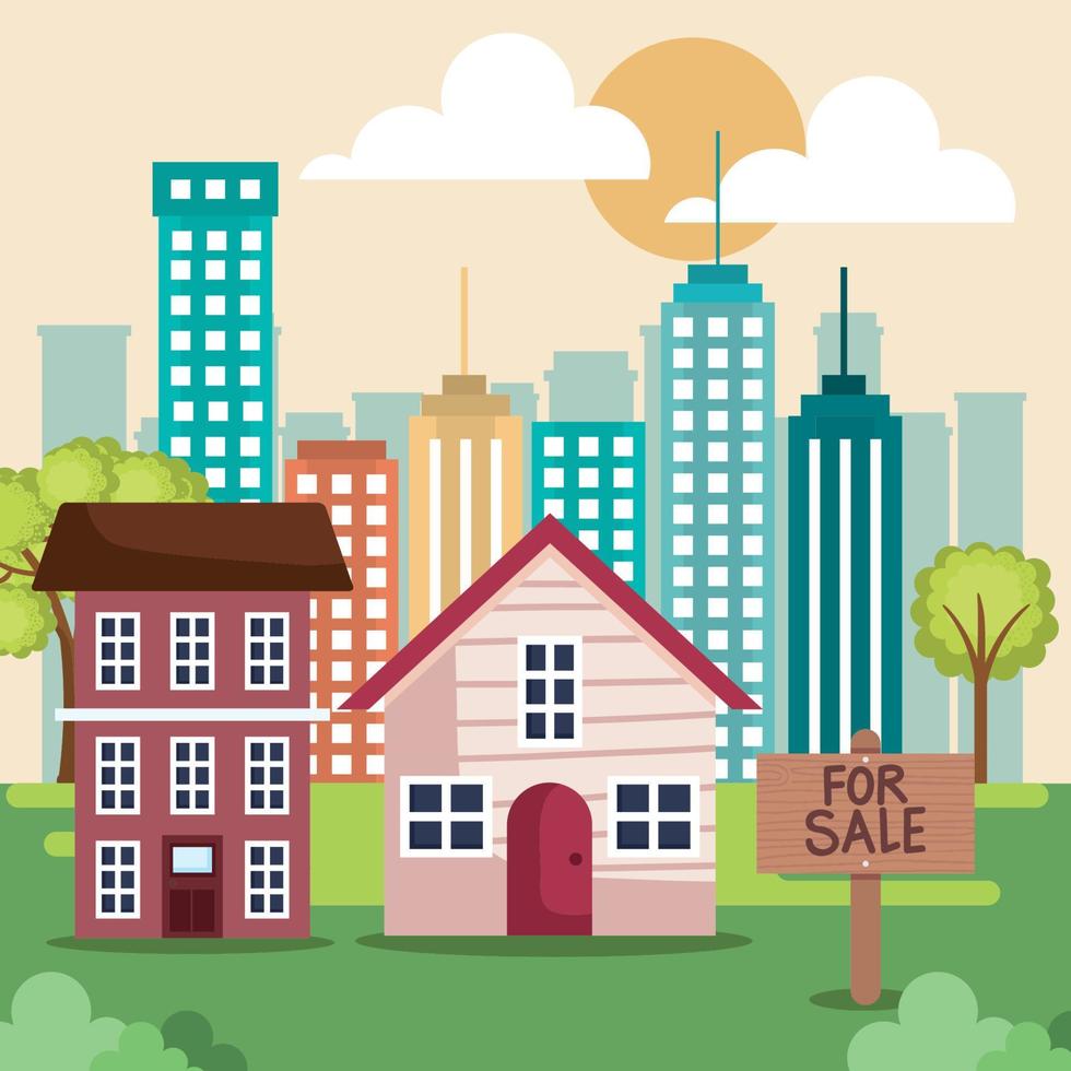 for sale label with cityscape vector