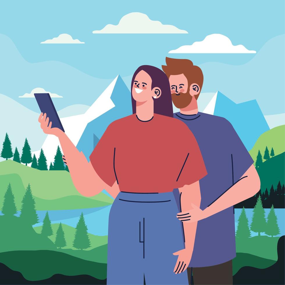 pareja tomándose un selfie en el lago vector