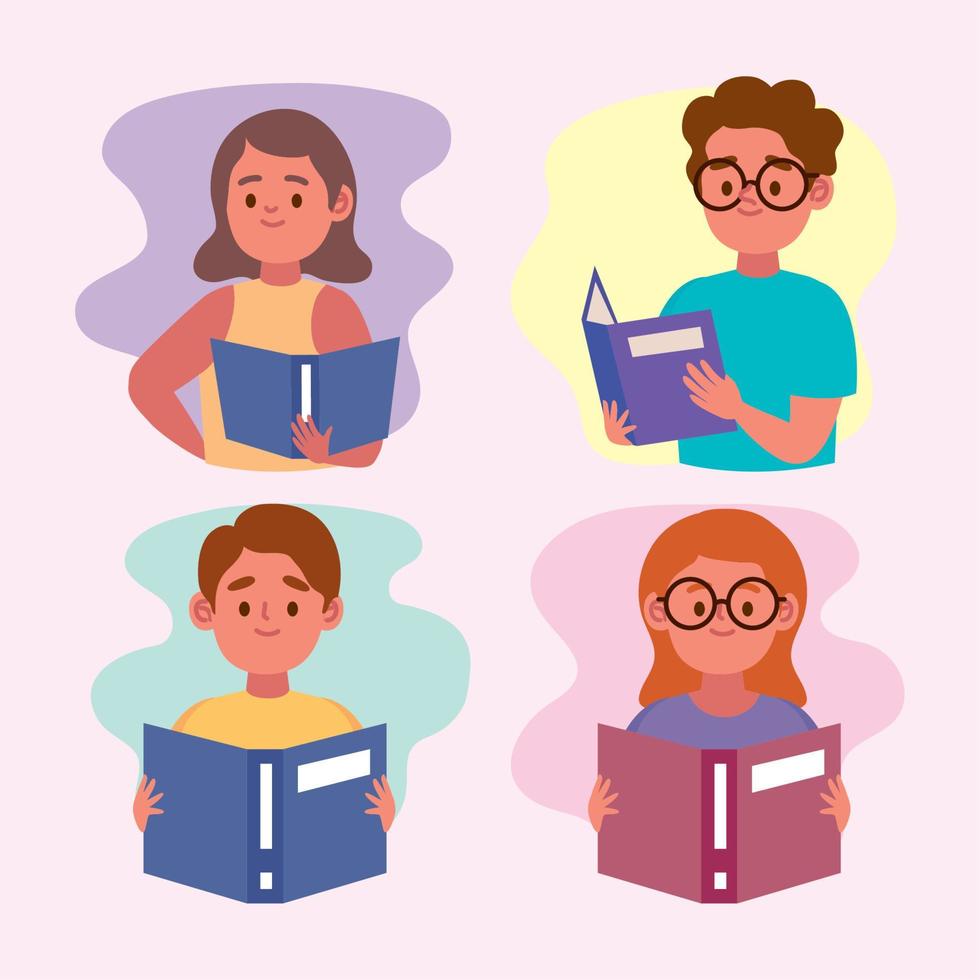 four kids reading books vector